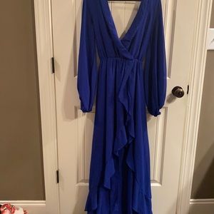 Royal blue floor length dress. High slit!